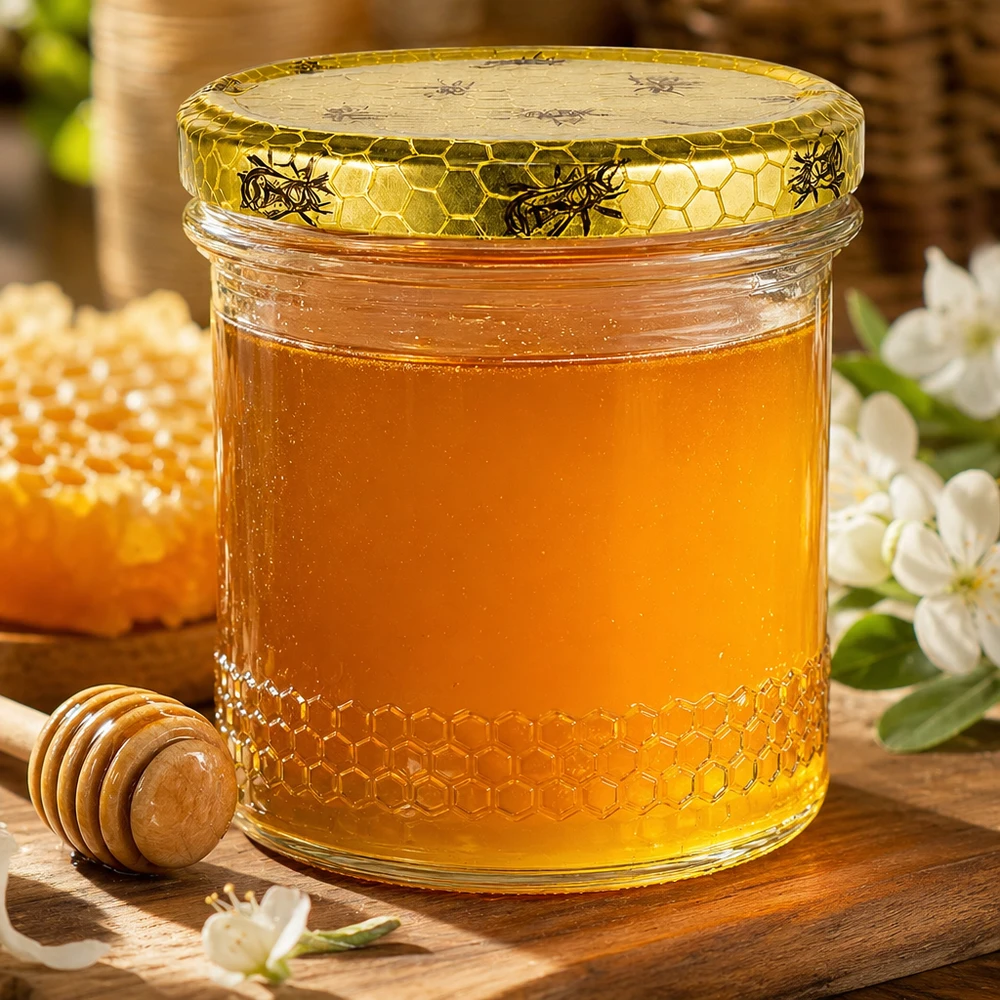 Goldenes Honigglas 400ml mit BasicSeal Bienenwaben-Deckel, Holz-Honiglöffel und Blüten auf rustikalem Holztisch