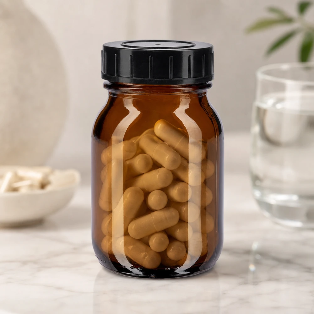 Vielseitige Weithalsflasche 75ml Braunglas mit schwarzem Verschluss für Labor und Küche