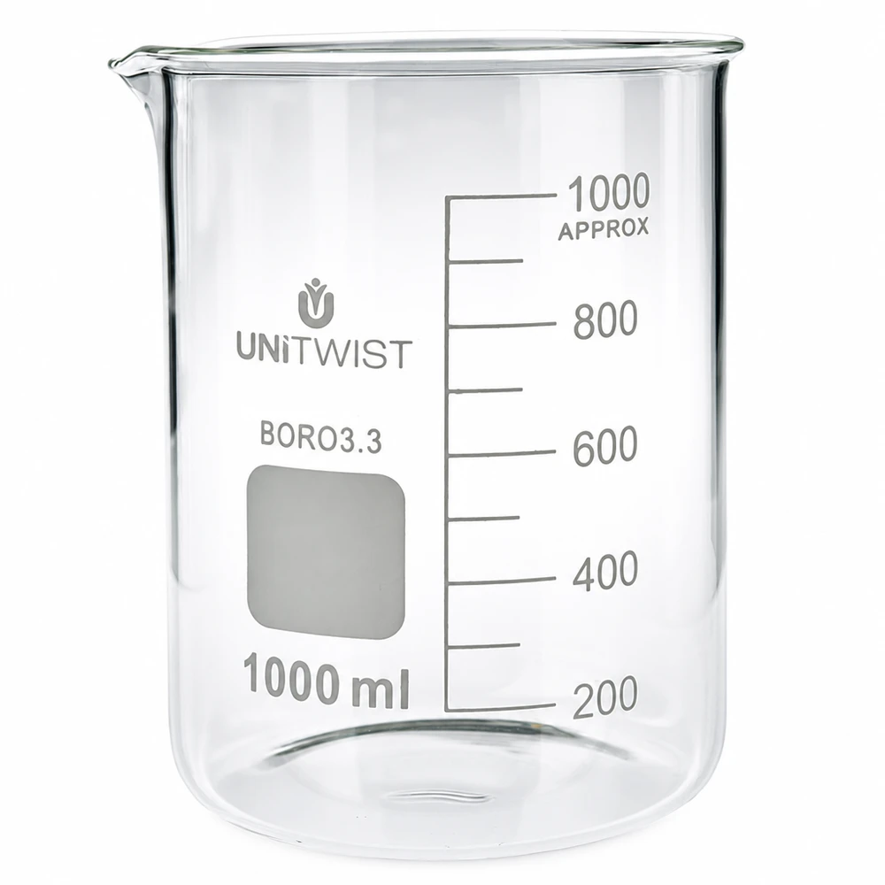 UNiTWIST 1000ml Laborbecherglas niedrige Form aus Borosilikat 3.3 bruchfestes Glas
