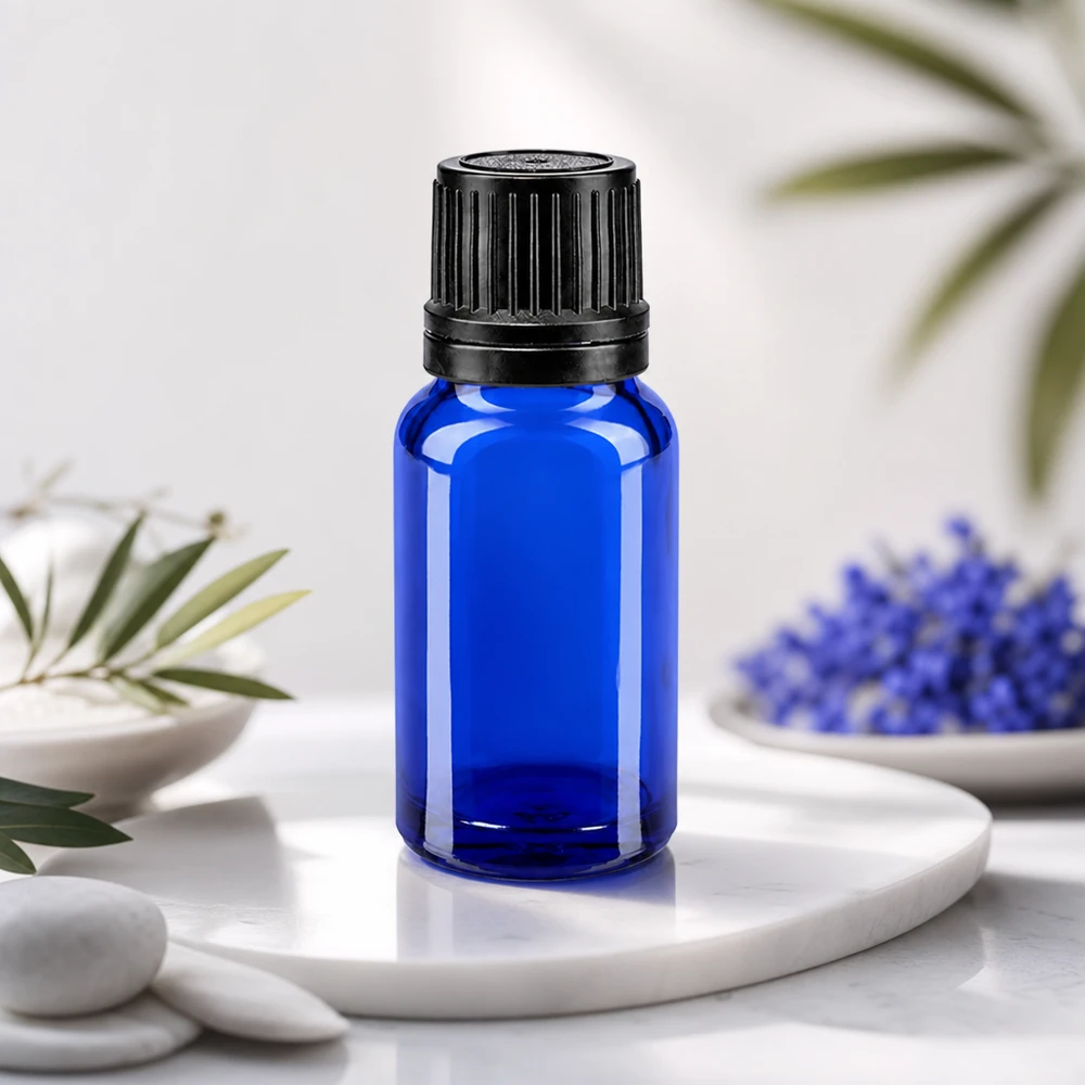 Lichtschutzflasche 10ml Blauglas mit schwarzem OV-Deckel ideal für Serum und ätherische Extrakte