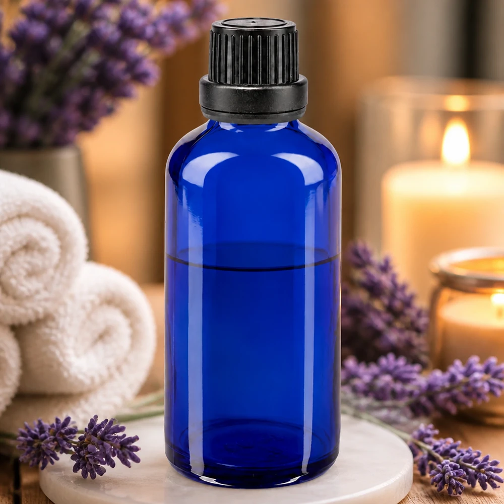 50ml Tropfflasche aus blauem Borosilikatglas mit schwarzem Sicherheitsverschluss für Essenzen