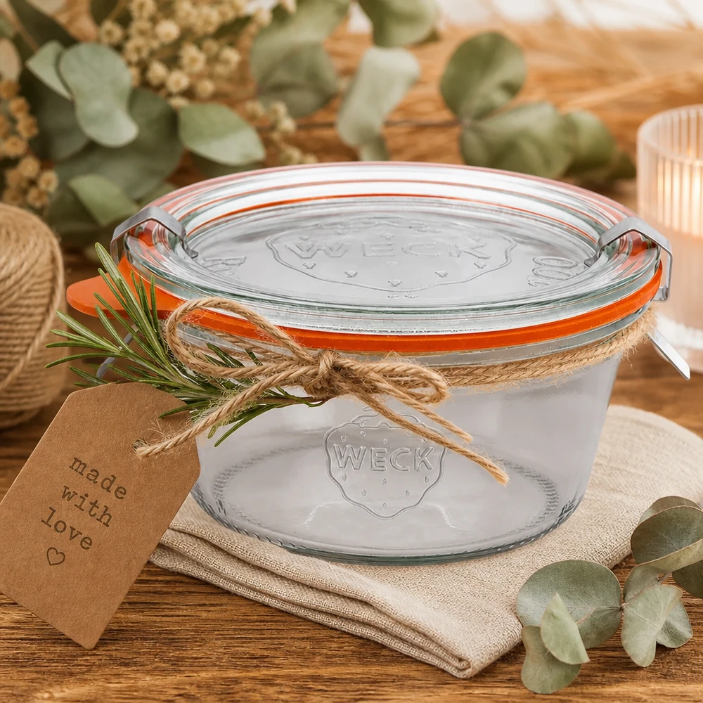 WECK Sturzglas 290ml RR100 als Geschenkidee mit Juteschnur Rosmarin und Made with Love Anhänger dekoriert