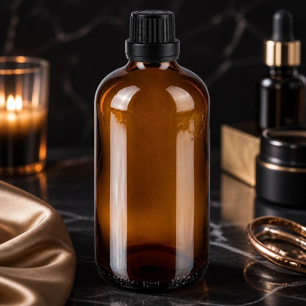 Elegante 100ml Glasflasche in Braun mit schwarzem Tropfverschluss auf dunklem Untergrund