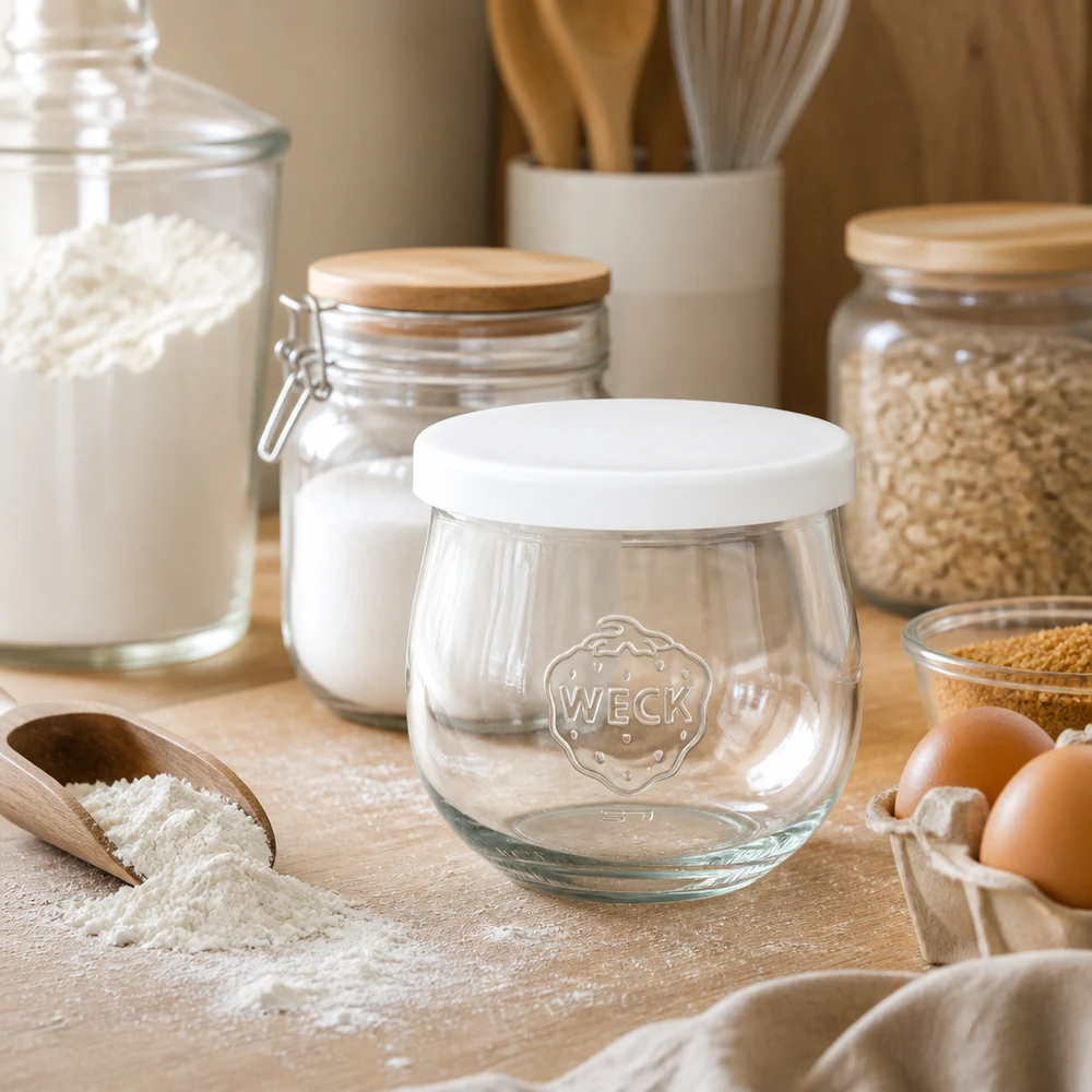 WECK Tulpenglas 370ml mit weißem Silikondeckel in rustikaler Küche zwischen Mehl Eiern und anderen Vorratsgläsern