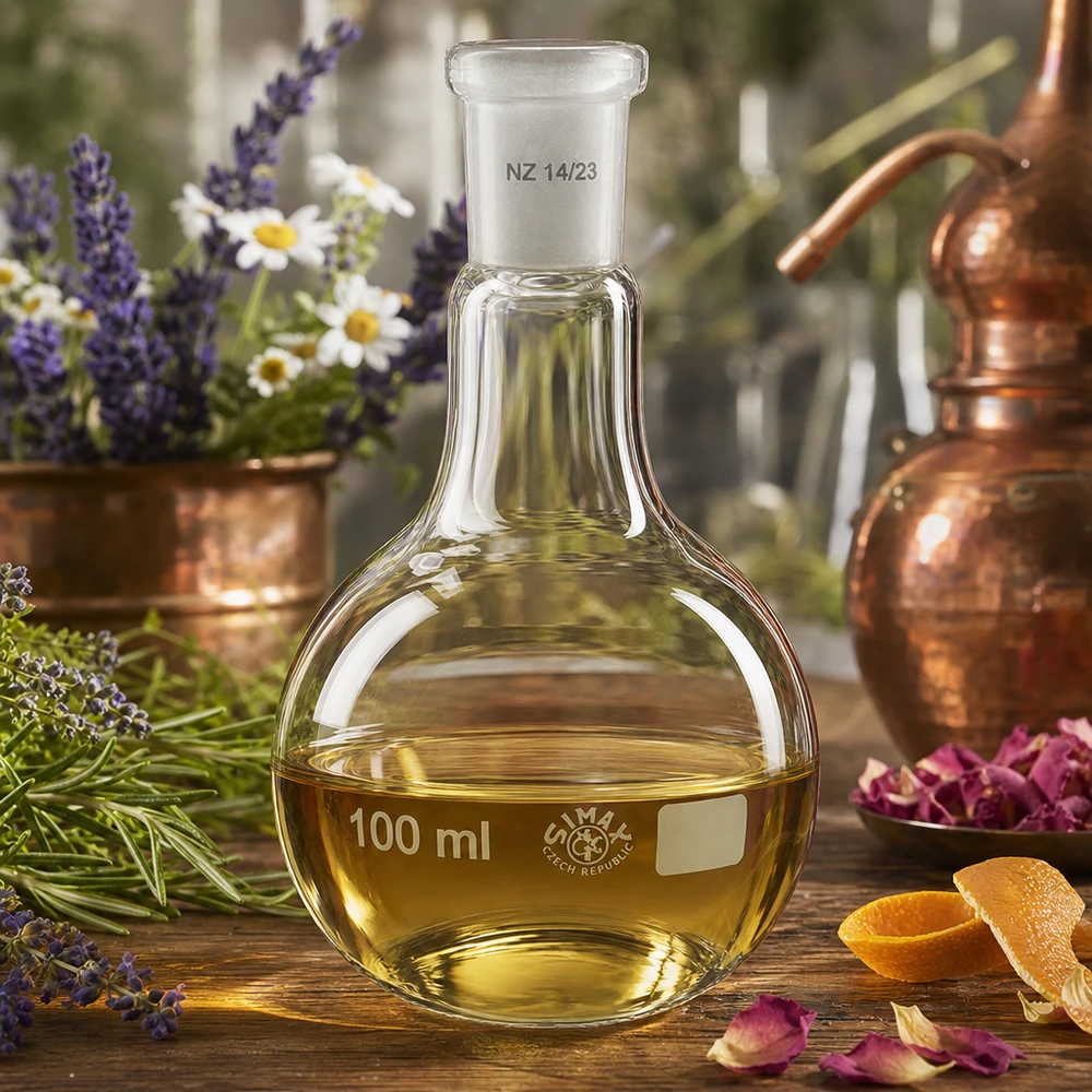 Stehkolben 100ml für Kräuterextraktion mit Normschliff 14/23 und authentischer Laborausstattung