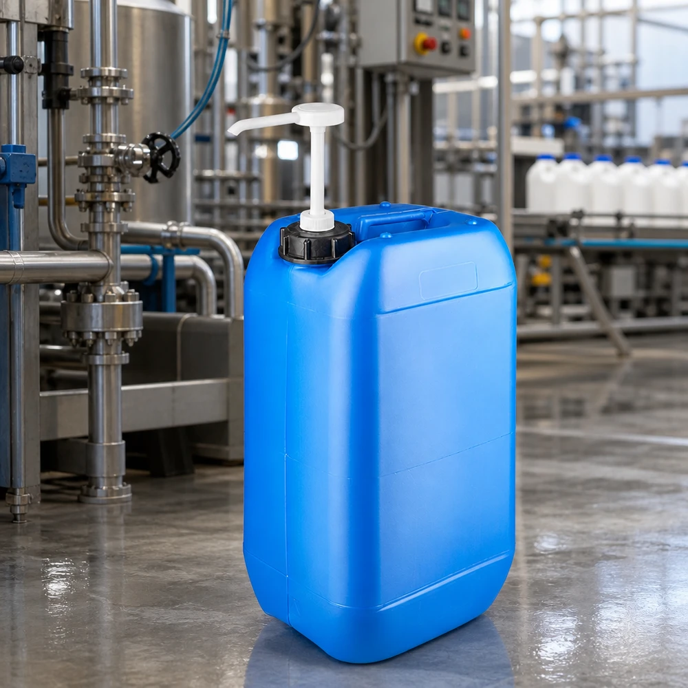 Kanister 15 Liter blau mit Dosierpumpe Verschließbarer 15 Liter Blaukanister mit Langstiel-Dosierpumpe zur präzisen Flüssigkeitsdosierung