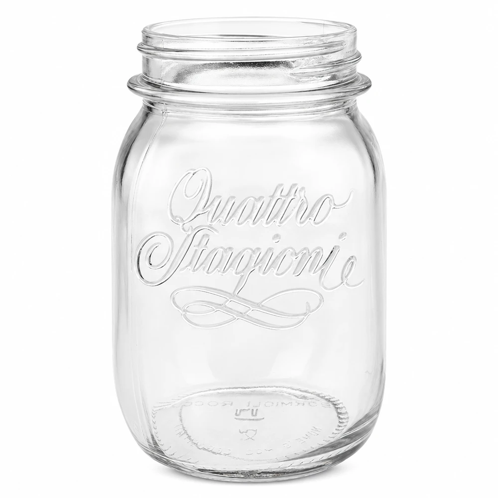 500ml Rundglas "Quattro Stagioni" QS70mm 500ml Quattro Stagioni Einmachglas aus klarem Glas mit geprägtem Logo ohne Deckel auf weißem Hintergrund
