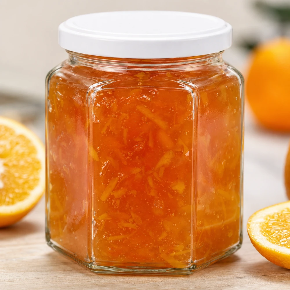 400g Honigglas mit weißem Deckel BasicSeal UNiTWIST 400g Honigglas hexagonal mit Orangenmarmelade befüllt zeigt Glasqualität und Deckelversiegelung im Detail