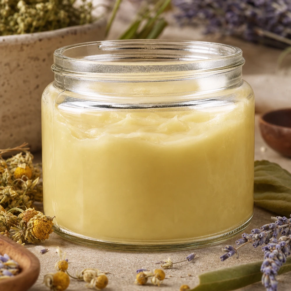 Salbenglas (Glastiegel) 250 ml klar, ohne Deckel Glastiegel 250ml mit cremiger gelber Salbe gefüllt umgeben von Kamillenblüten und Lavendel natürliche Hautpflege