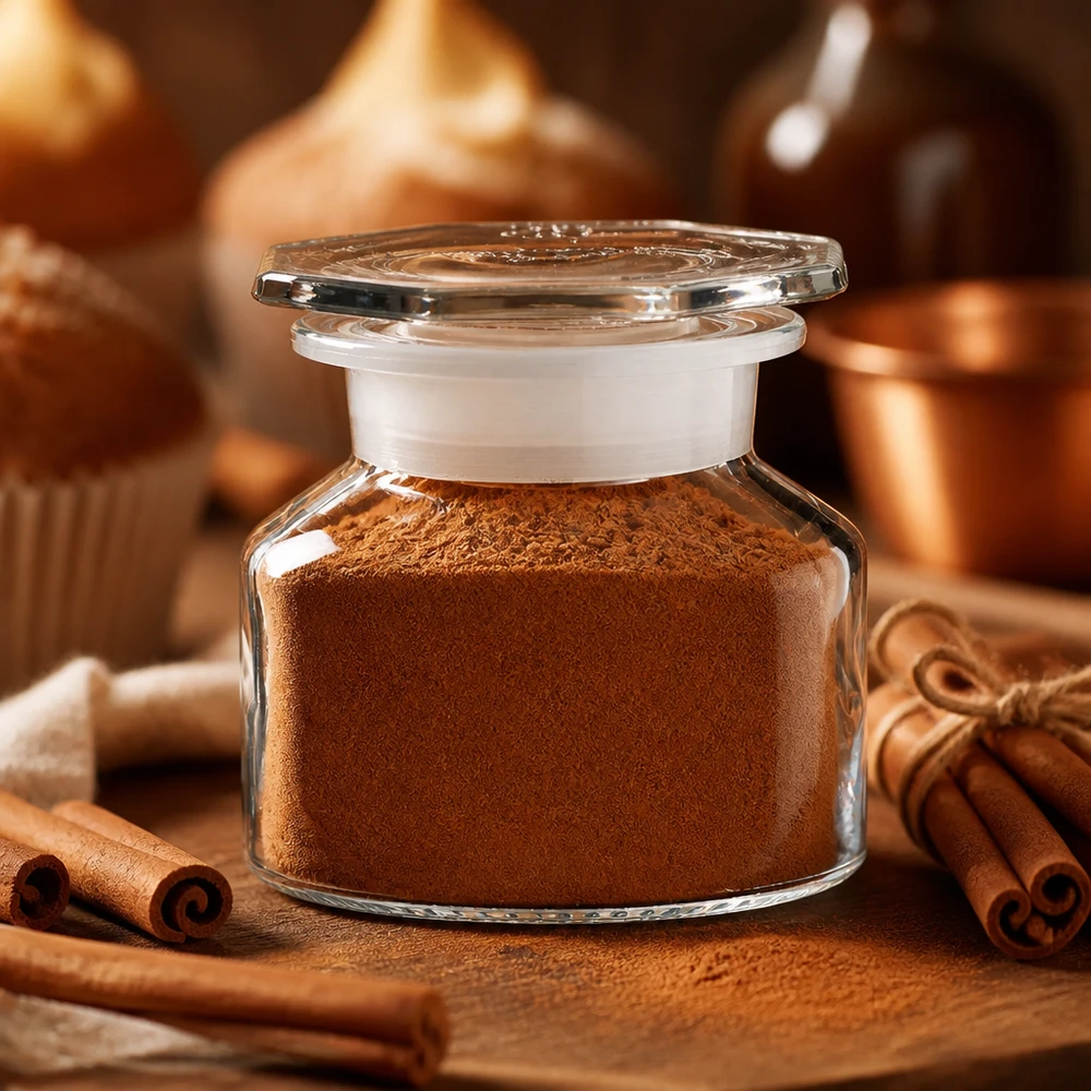 Miniaturglas Weithals 50ml mit Zimtpulver neben Kupferschüssel und Muffins im Hintergrund
