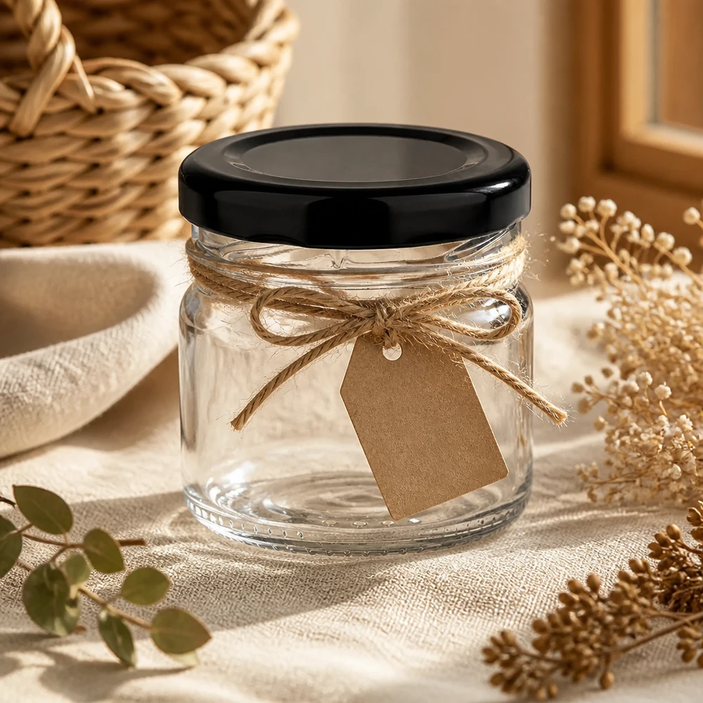 33ml Rundglas mit schwarzem Deckel als Gastgeschenk dekoriert mit Jute und Tag