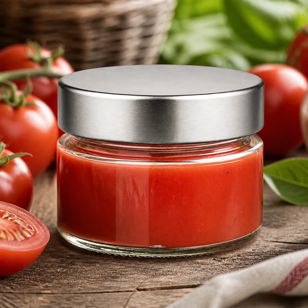 Glasbehälter 80ml mit roter Tomatenpaste und silberfarbenem Twist-Off-Deckel aus klarem Glas