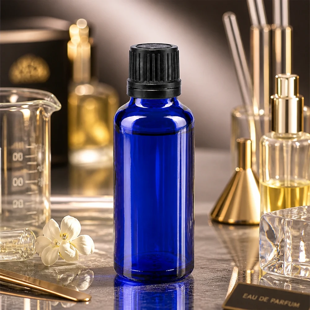 Apothekenflasche blau 30ml Tropfverschluss Giessring 1mm schwarz Originalitätsverschluss Hochwertige 30ml Dropper-Flasche aus kobaltblauem Apothekenglas mit 1mm Präzisionsauslass
