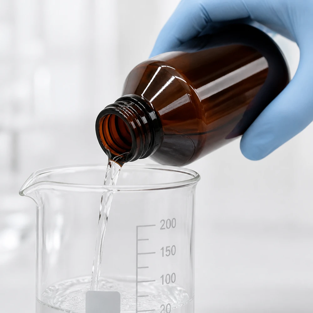 Braune 200ml Enghalsflasche aus PET beim kontrollierten Ausgießen im Reinraum
