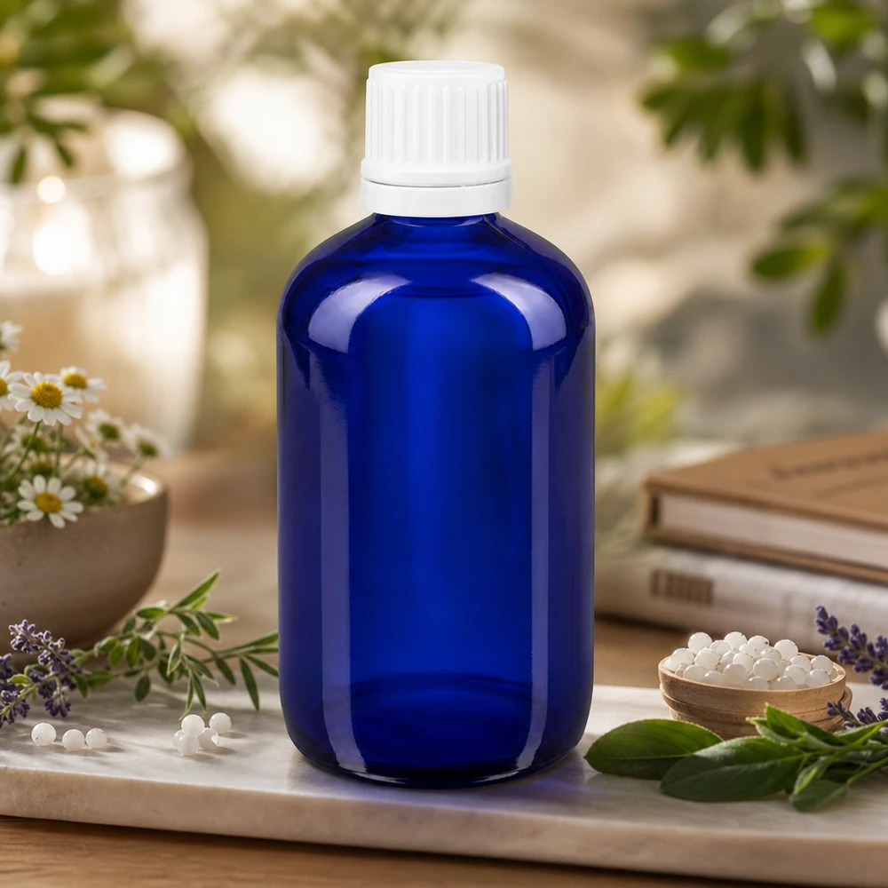 Apothekenflasche blau 100ml Tropfverschluss 1.2mm weiß Originalitätsverschluss UV-schützende kobaltblaue 100ml Flasche ApoGlas mit weißem OV-Verschluss für ätherische Öle