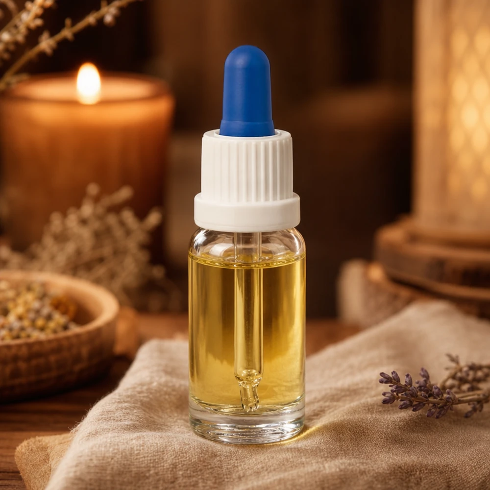 10ml Pipettenflasche weiß/blau Originalitätsverschluss ClearLine UT18/10 Pipettenflasche 10ml mit Tropfer für Kosmetik und Naturheilkunde auf rustikalem Holzuntergrund