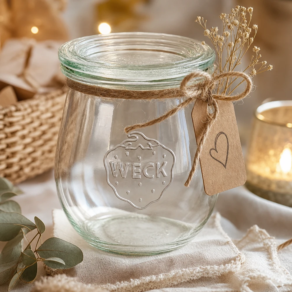 WECK Tulpenglas 220ml RR60 dekorativ mit Juteschnur Kraftpapier-Anhänger und getrockneten Blumen als Geschenkidee