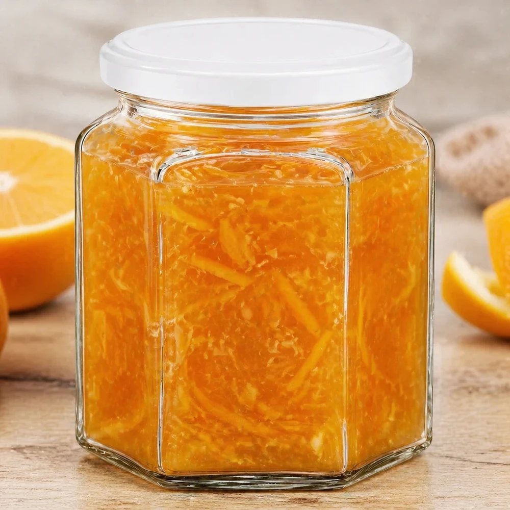 400g Honigglas mit weißem Deckel BasicSeal UNiTWIST 400g Honigglas sechseckig mit Orangenmarmelade gefüllt neben frischen Orangenscheiben auf rustikalem Holzuntergrund