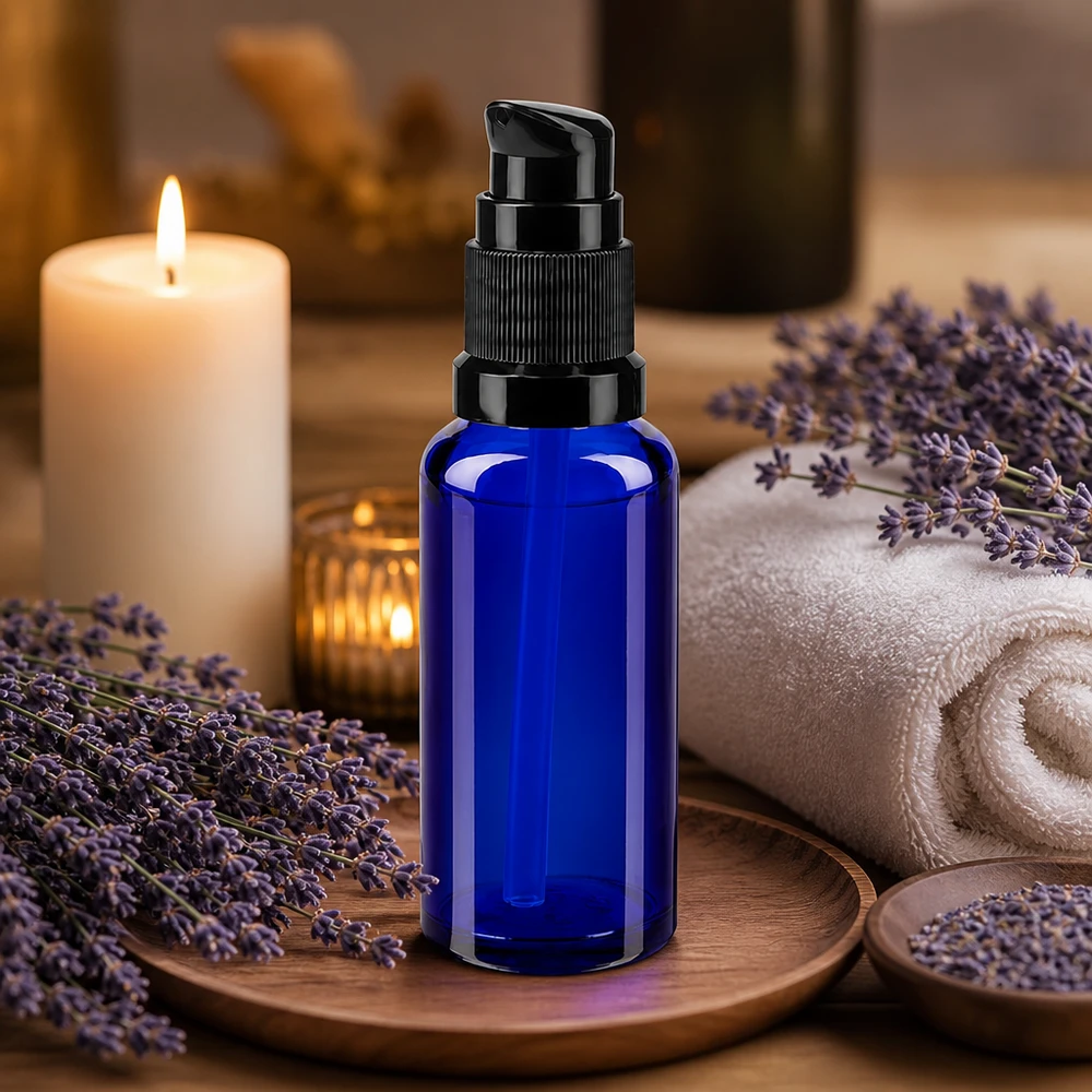 Apothekenflasche blau 30ml PumpVerschluss schwarz Standard Dunkelblaues Apothekerflacon 30ml mit präziser Schwarzpumpe für Hautpflegeprodukte