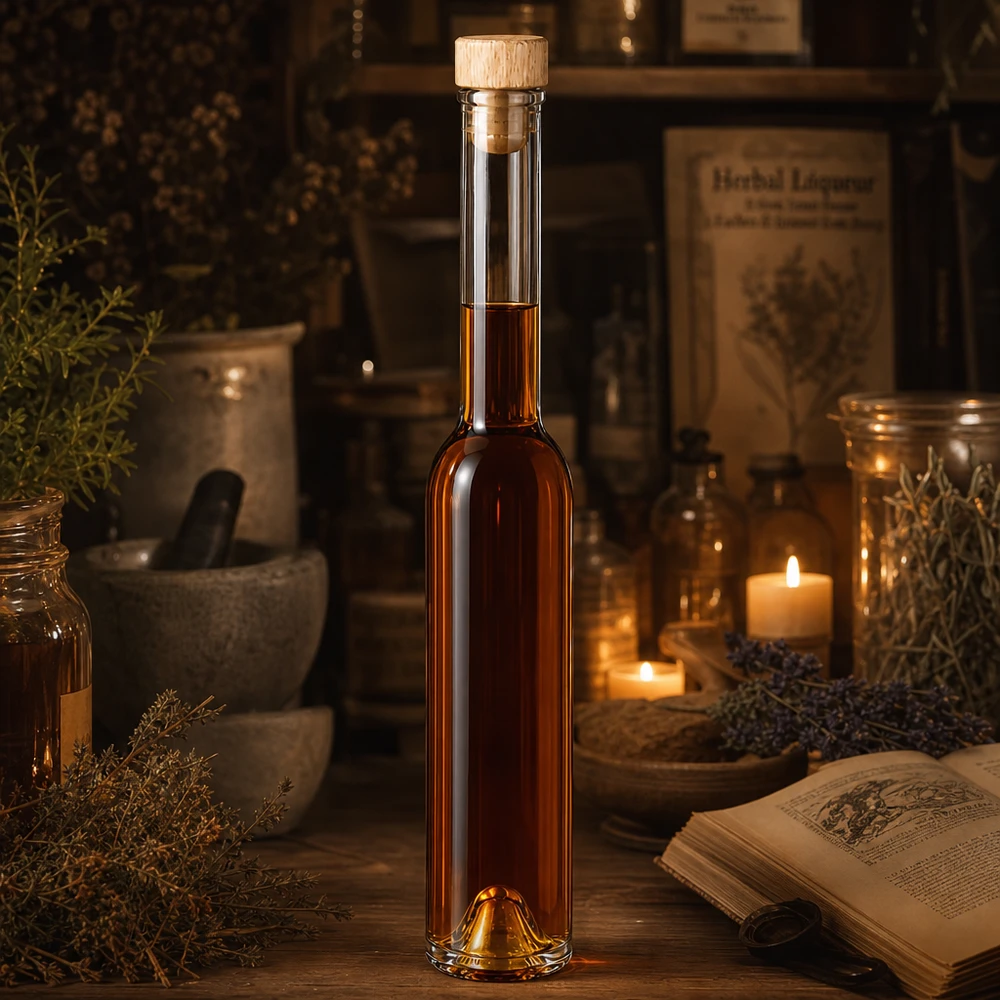 200ml Glasflasche "Hugo" mit Holzgriff-Korken UNiTWIST 200ml Glasflasche Hugo mit bernsteinfarbener Flüssigkeit in rustikaler Apotheker-Atmosphäre mit Kräutern und Kerzen