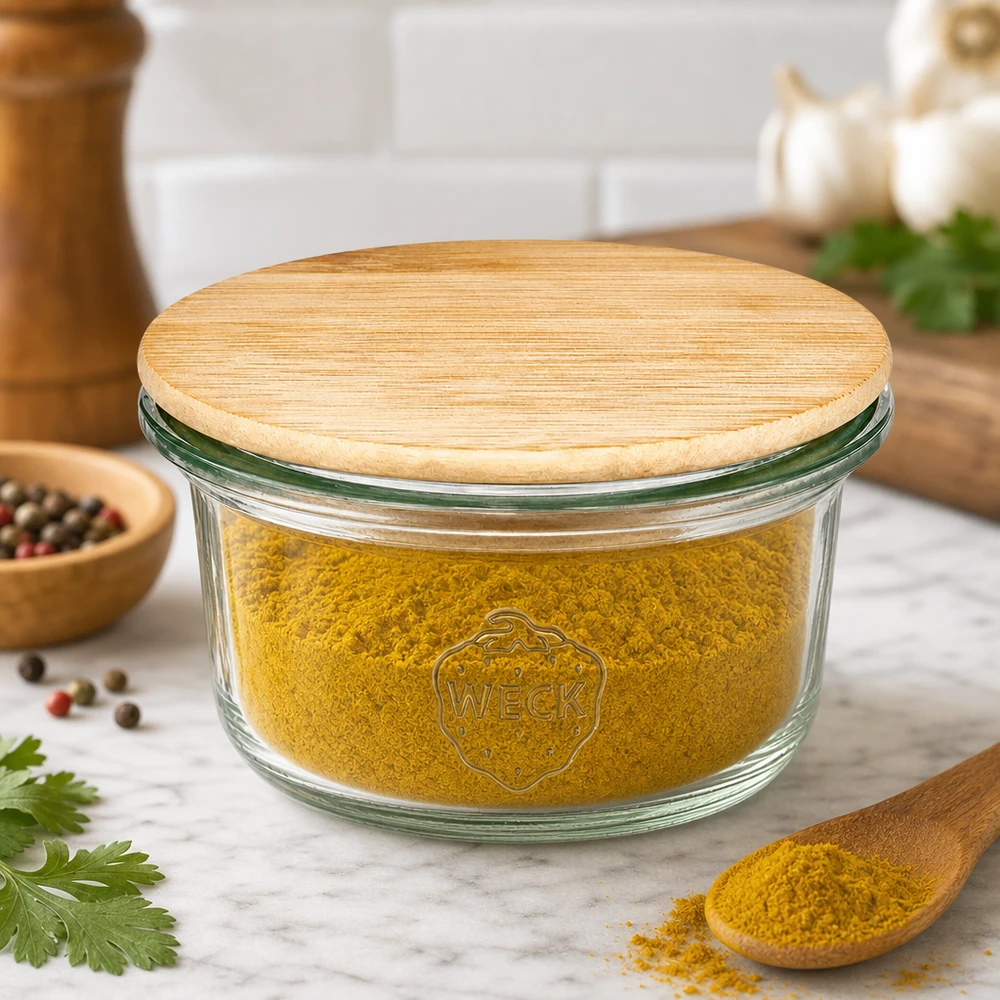 50ml Mini Sturzglas WECK RR60 mit Holzdeckel WECK Mini Sturzglas 50ml mit Holzdeckel gefüllt mit gelbem Gewürzpulver in moderner Küche mit Kräutern