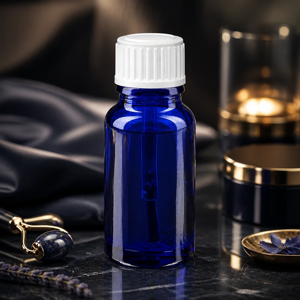 Apothekenflasche blau 10ml Schraubverschluss weiß Pinsel Schlanke blaue Tropfflasche 10ml aus Apothekerglas mit weißem Dosieraufsatz