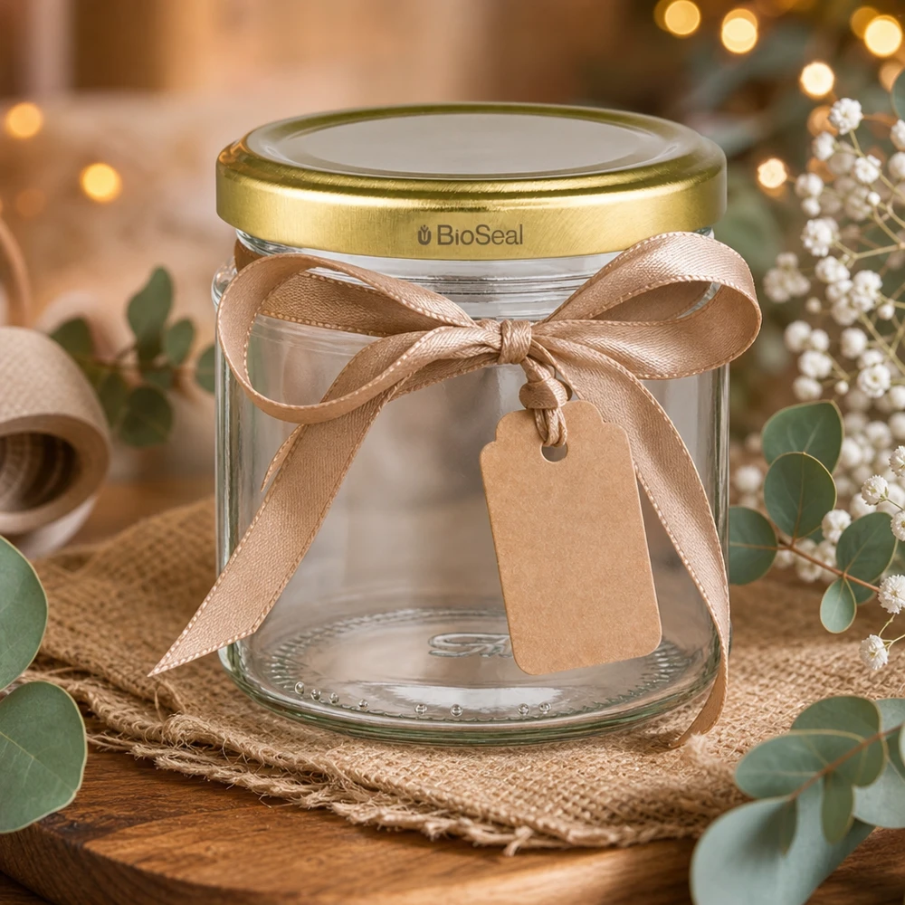 212ml Rundglas mit BioSeal Deckel gold UNiTWIST UNiTWIST Rundglas 212ml mit goldenem BioSeal Deckel als Geschenkverpackung mit Schleife und Anhänger dekoriert