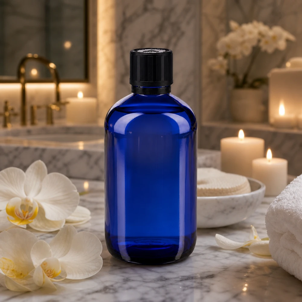 Apothekenflasche blau 100ml Tropfer Premium 1mm schwarz Kindersicherung Blindenwarnsymbol Originalitätsverschluss Blaues 100ml Pharmaglas mit Tropfeinsatz und kindergesichertem Verschluss für ätherische Öle