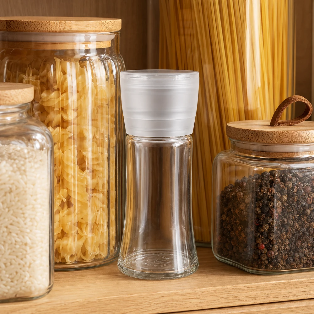 Salz-/Gewürzglas 95ml mit Mühle Vario weiss Nachfüllbare Mühle 95ml für Salz und Gewürze mit weissem Aufsatz zwischen Pasta und Pfeffer