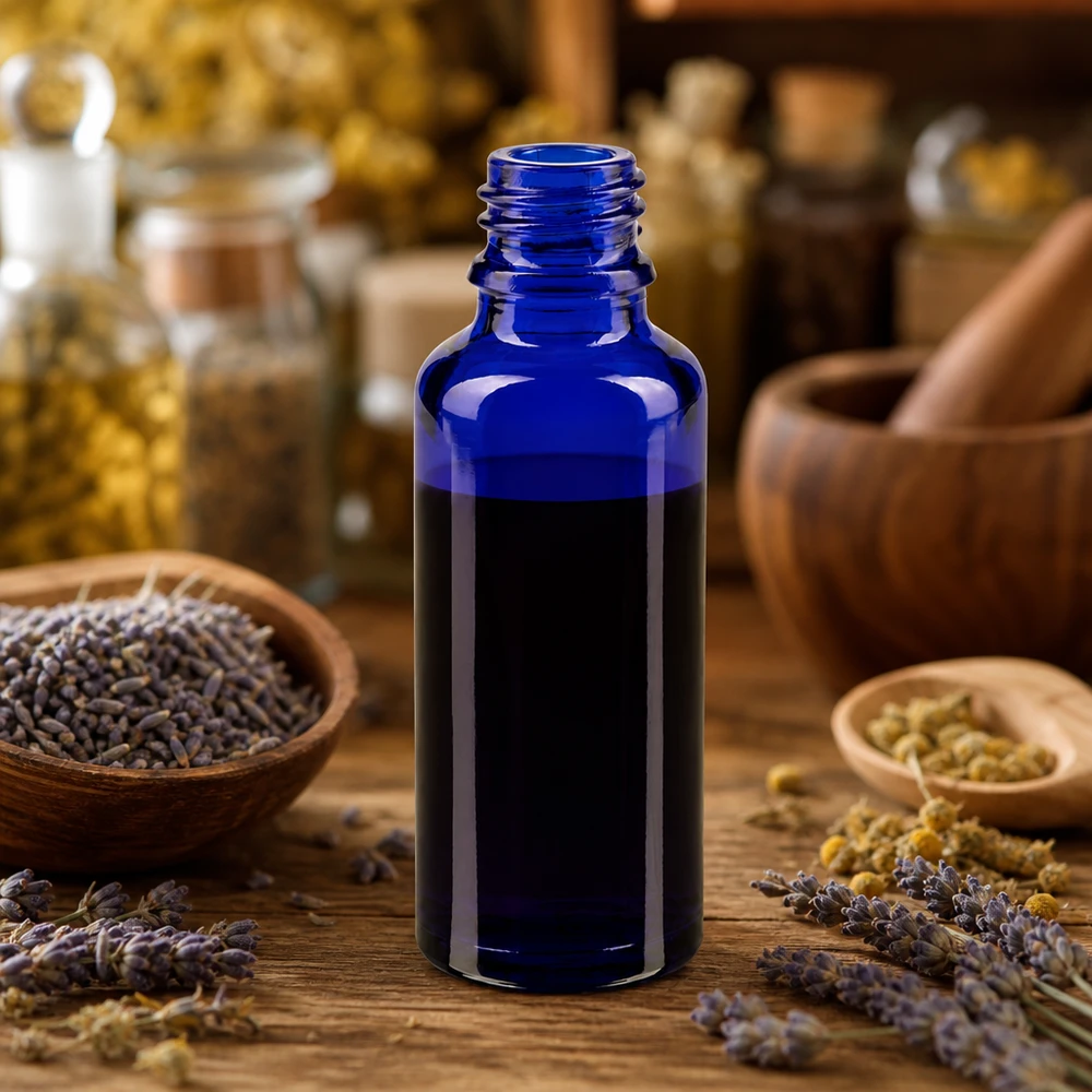 Kompakte 30ml Glasflasche ApoGlas in Blau perfekt für Naturheilkunde und Aromatherapie