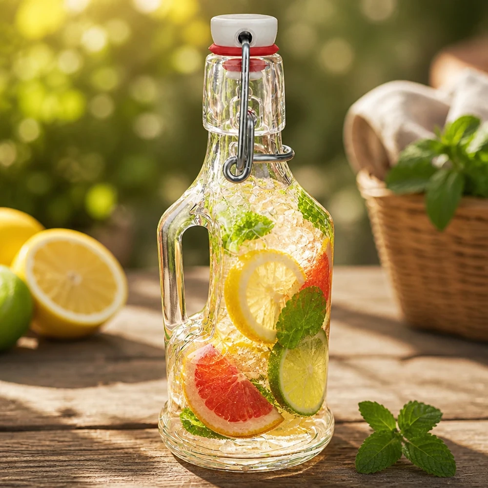 200ml Glasflasche "Bertha" + PVC Bügelverschluss UNiTWIST 200ml Glasflasche Bertha mit Zitronen-Grapefruit-Infusion, Minze, Bügelverschluss UNiTWIST, Outdoor-Ambiente