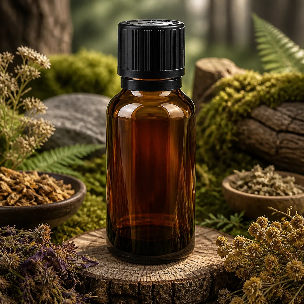 Apotheken Braunglas 20ml mit Blindeinsatz und Originalverschluss auf Baumscheibe mit Moos