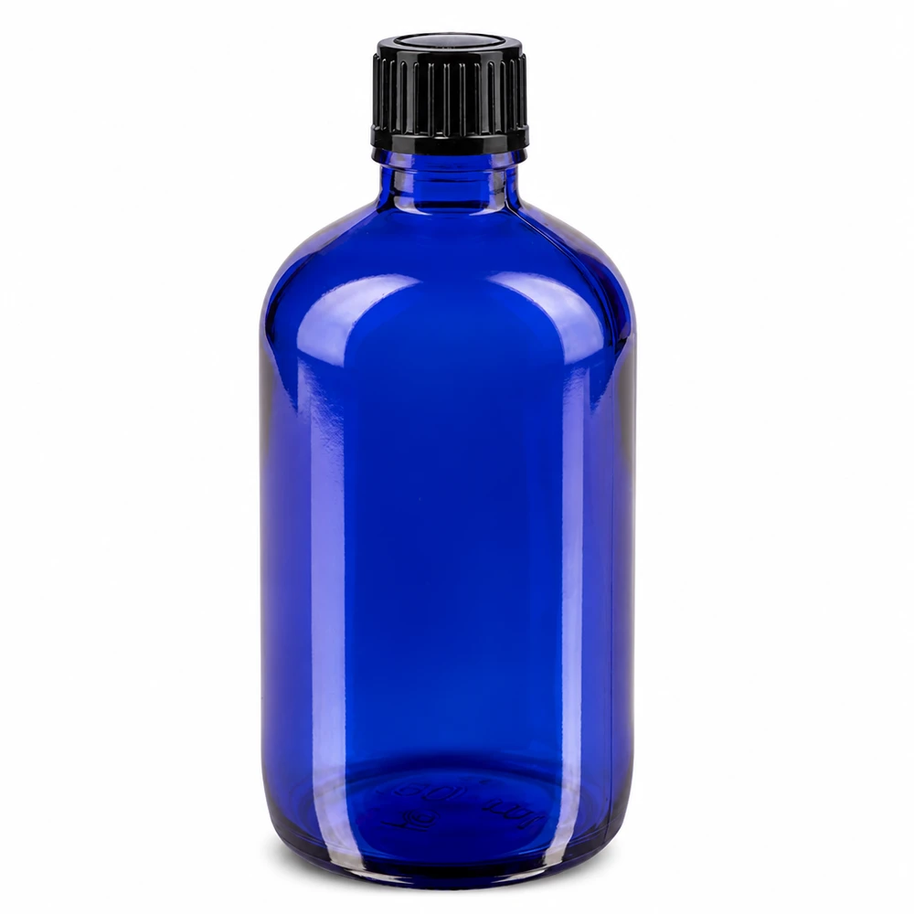 Blaue 100ml Glasflasche mit 1mm Tropfeinsatz STD ideal für Pharmazie Kosmetik und Laboranwendung