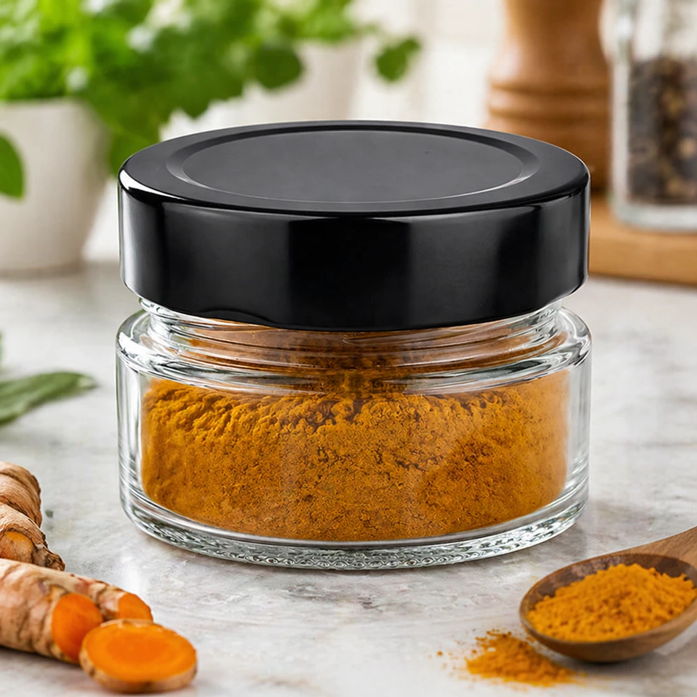 80ml Rundglas mit schwarzem BasicSeal Deckel gefüllt mit Kurkumapulver Gewürze Küchenumgebung Anwendungsbeispiel