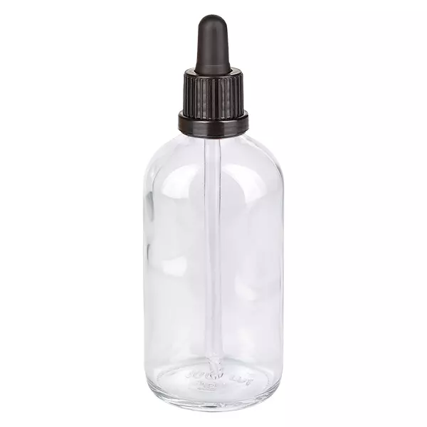 Klarglas Serumflasche 100ml mit schwarzer Messpipette für ätherische Öle und Seren