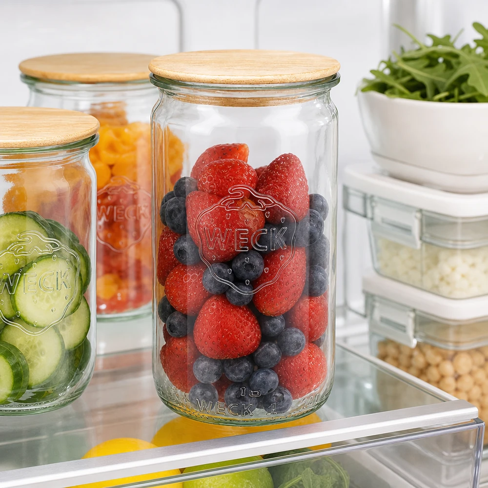 WECK Zylinderglas 340ml RR60 mit Holzdeckel gefüllt mit frischen Beeren im Kühlschrank als Frischhalteglas