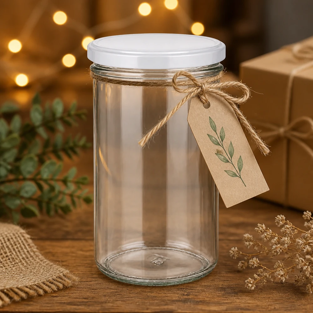 277ml Sturzglas mit BasicSeal Deckel weiß UNiTWIST Leeres 277ml Sturzglas mit weißem Deckel als Geschenkidee dekoriert mit Kraftpapier-Anhänger und Jute-Band