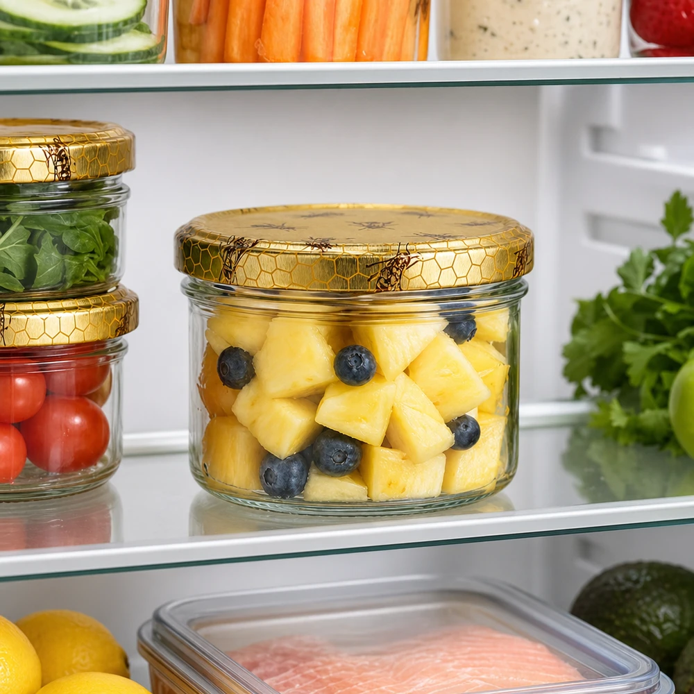 300g Honigglas mit Bienenwabe Deckel BasicSeal UNiTWIST 300g Honigglas im Kühlschrank als Frischhaltedose für Ananas und Blaubeeren mit praktischem Bienenwaben-Deckel