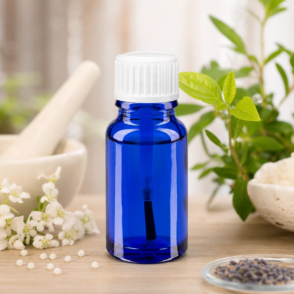 Blaues Apothekerfläschchen 10ml mit kindersicherem Pinseldeckel für homöopathische Zubereitungen