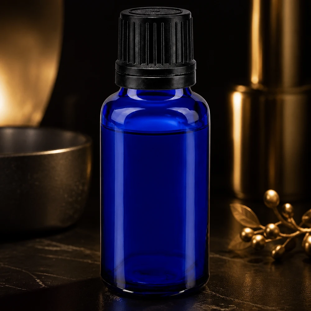 Dunkelblaue zylindrische 20ml Tropfflasche mit schwarzem OV-Verschluss und Golddekor