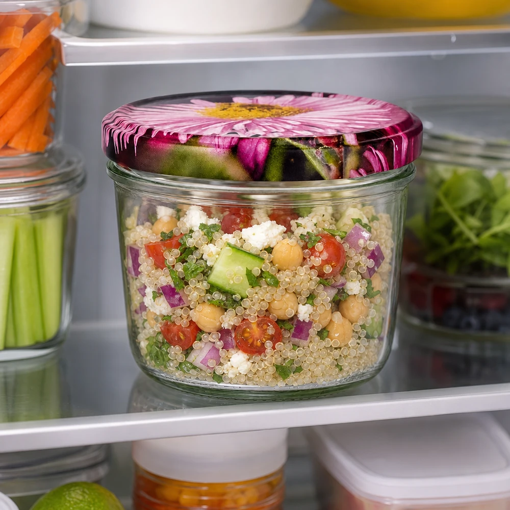 Sturzglas 230ml mit BasicSeal Blütendeckel im Kühlschrank, gefüllt mit Quinoa-Salat und Gemüse als Meal-Prep