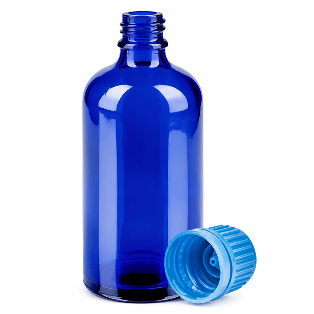 Kompakte 100ml Flasche in leuchtendem Blau mit OV Verschluss für präzise Dosierung