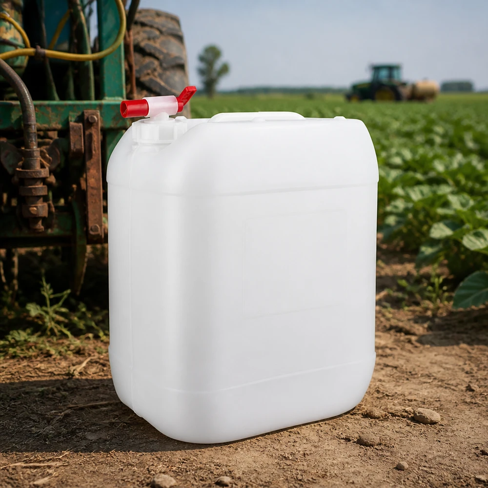 Kanister 20 Liter mit Auslaufhahn Robuster Feldkanister 20 Liter mit seitlichem Auslaufventil auf Erdboden