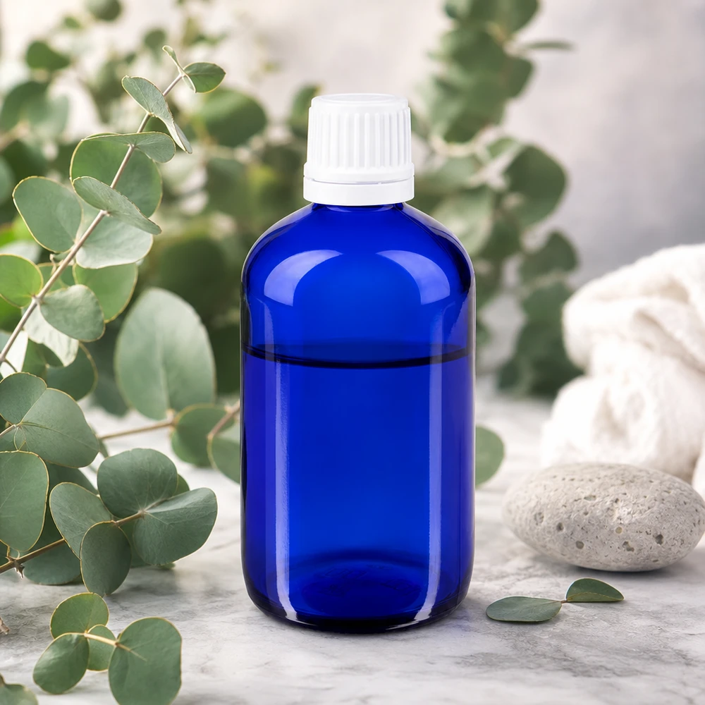 Apothekenflasche blau 20ml Tropfverschluss weiß Kindersicherung Standard Lichtgeschützte blaue Glasflasche 20ml mit weißem Kindersicherheitsverschluss und Natursteindekor