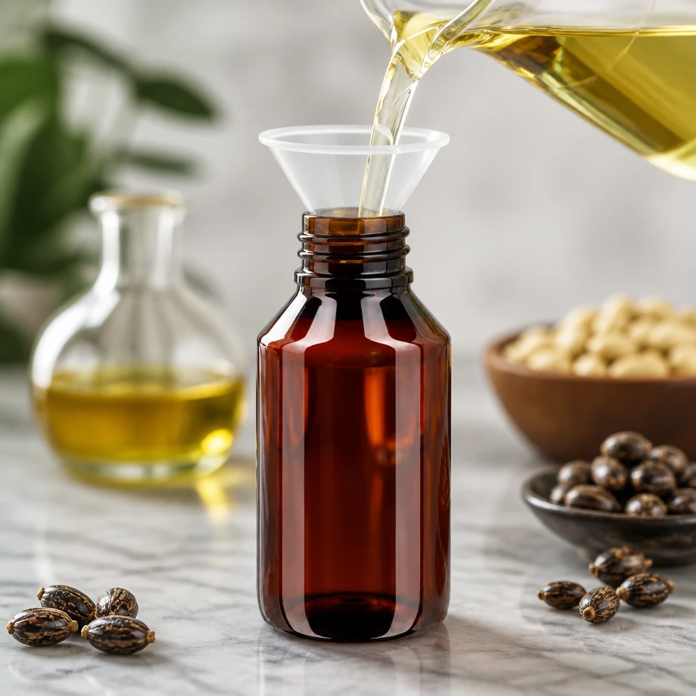 Schlanke 50ml Abfüllflasche aus PET mit grünem Originalverschluss für ätherische und pflanzliche Öle
