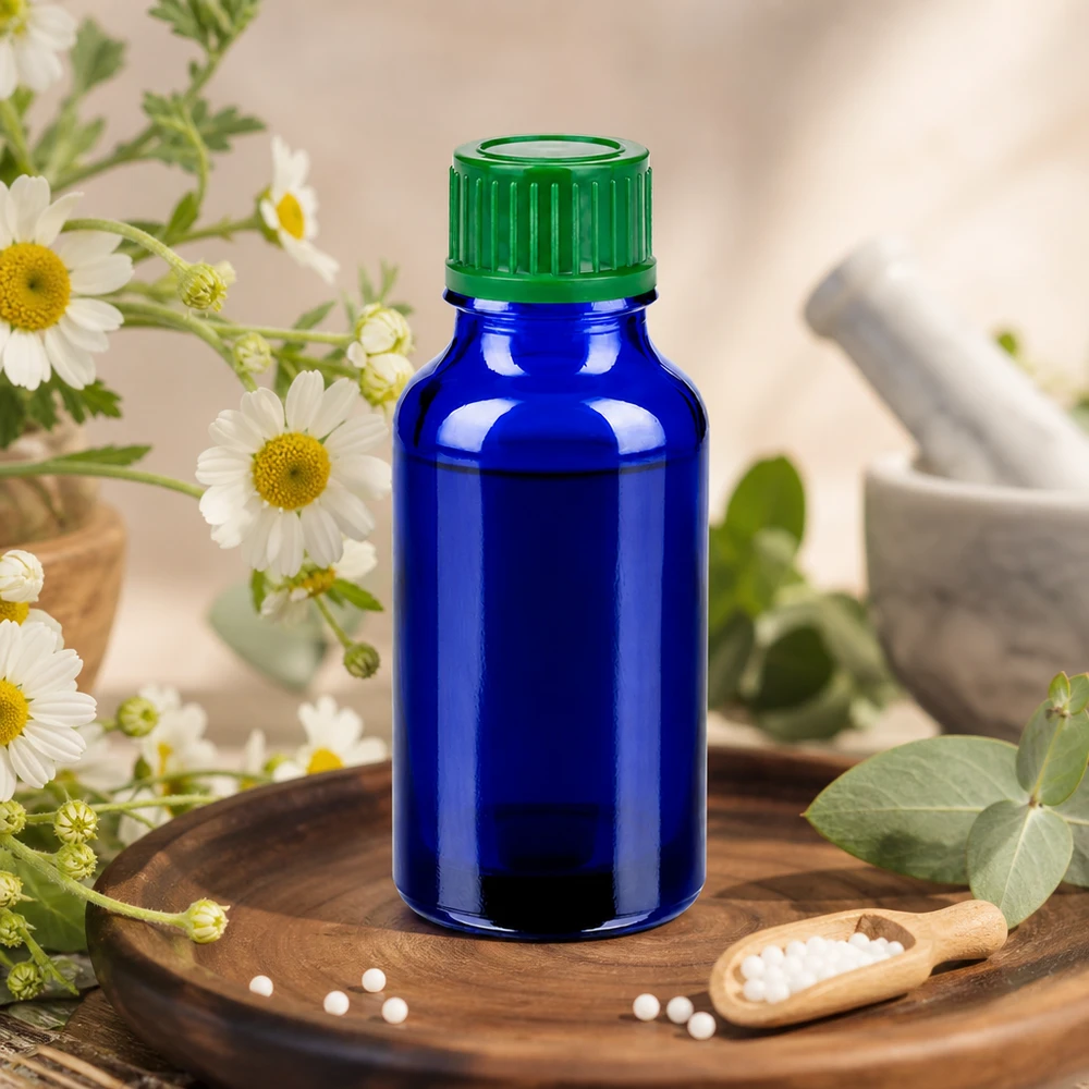 20ml Violettglasflasche BlueLine für lichtempfindliche Substanzen mit grünem Schraubdeckel UT18/20