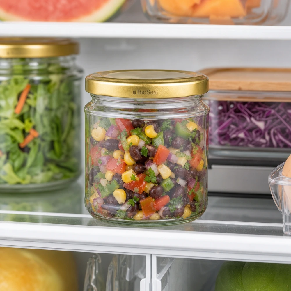 UNiTWIST Rundglas 212ml mit goldenem TO66 BioSeal Deckel gefüllt mit Bohnensalat im Kühlschrank gelagert