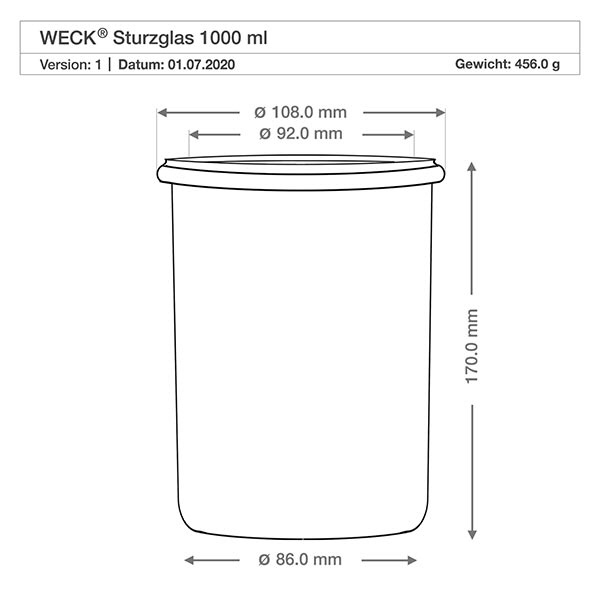 1000ml Sturzglas WECK RR100 mit Korken natur Technische Zeichnung WECK Sturzglas 1000ml RR100 mit Maßangaben Durchmesser 108mm 92mm 86mm Höhe 170mm Spezifikation