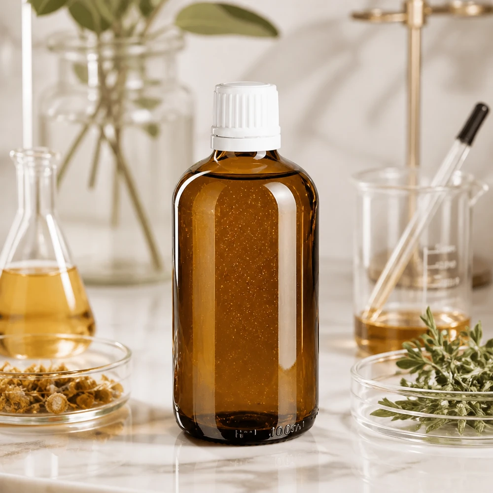 Bernsteinfarbene 100ml Glasflasche mit weißem Originalitätsverschluss für Pflanzentinkturen