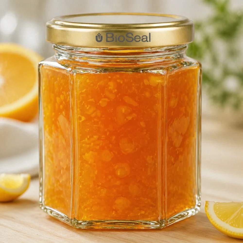 250g Honigglas mit goldenem Deckel BioSeal UNiTWIST 250g Honigglas hexagonal mit Orangenmarmelade befüllt BioSeal Golddeckel neben Orangenscheiben auf Holzbrett